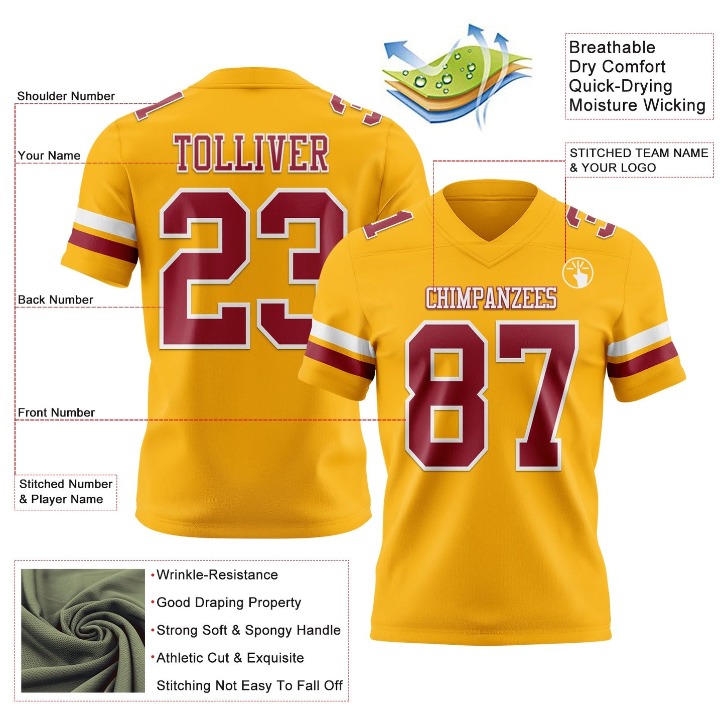 Custom Gold Cardinal-White Authentic Football Jersey view 3
