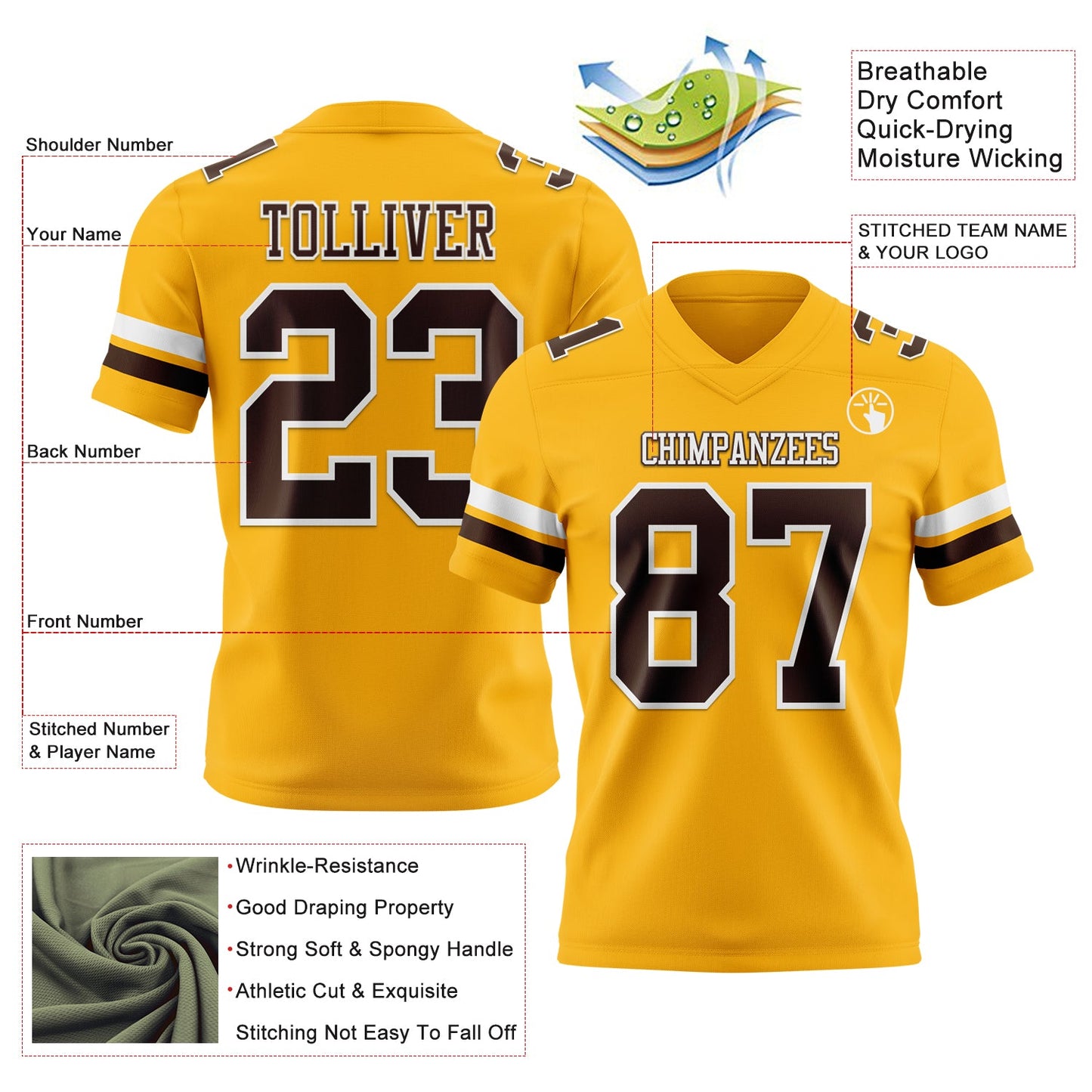 Custom Gold Brown-White Authentic Football Jersey view 3