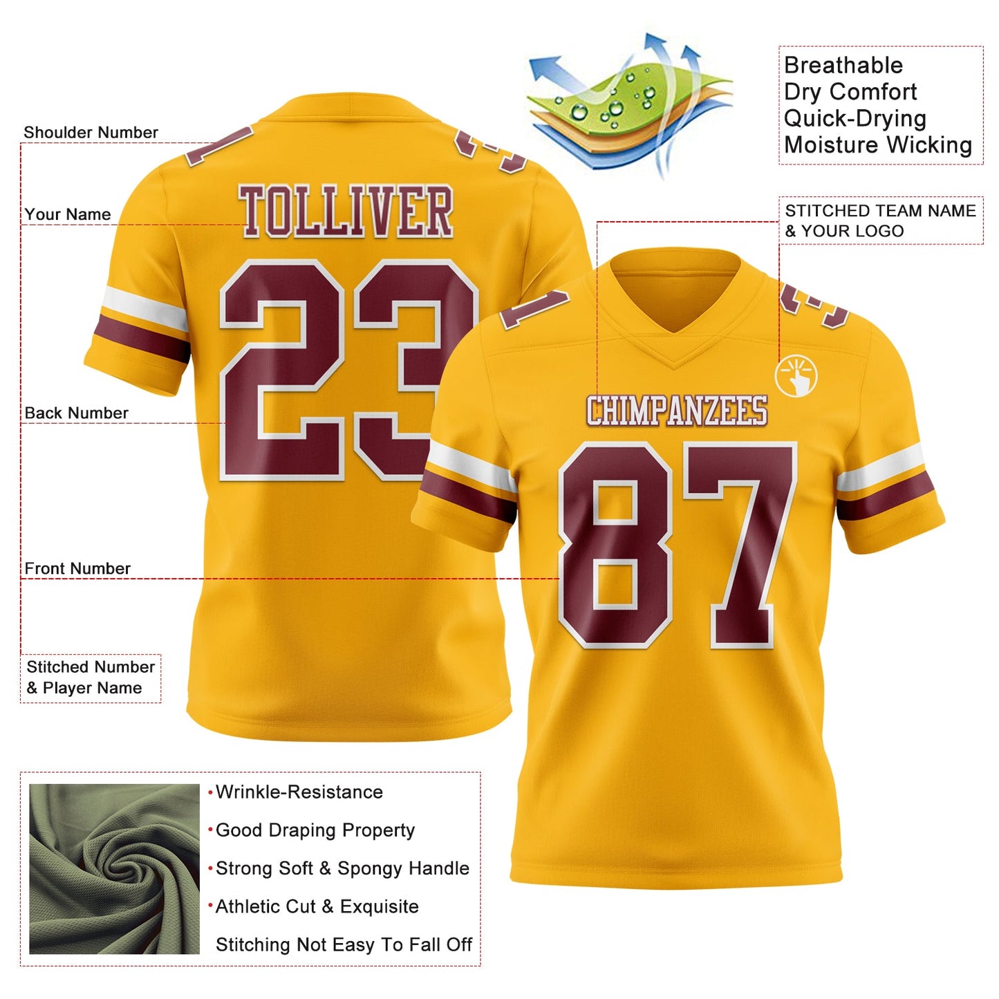 Custom Gold Burgundy-White Authentic Football Jersey view 3