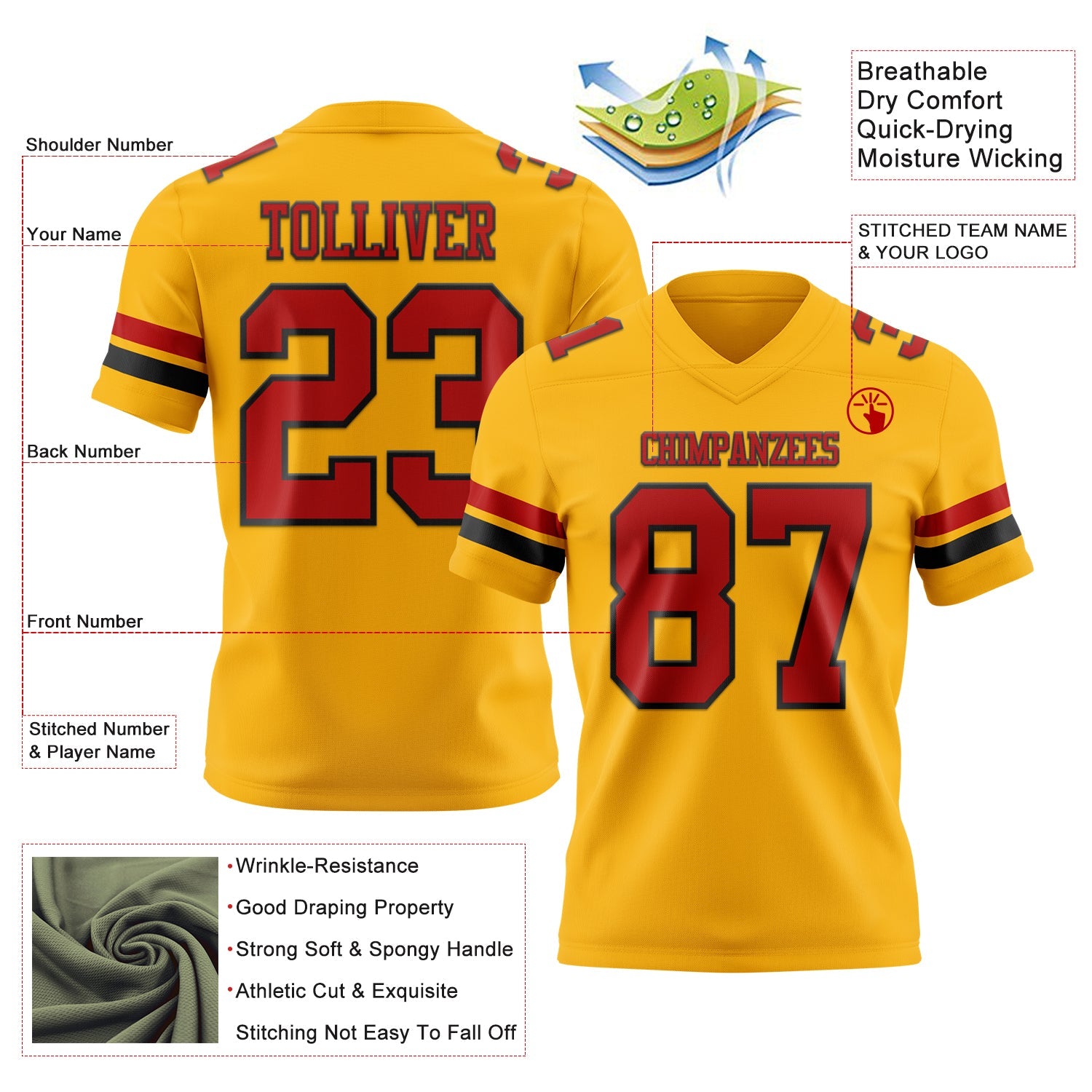 Custom Gold Red-Black Authentic Football Jersey view 3