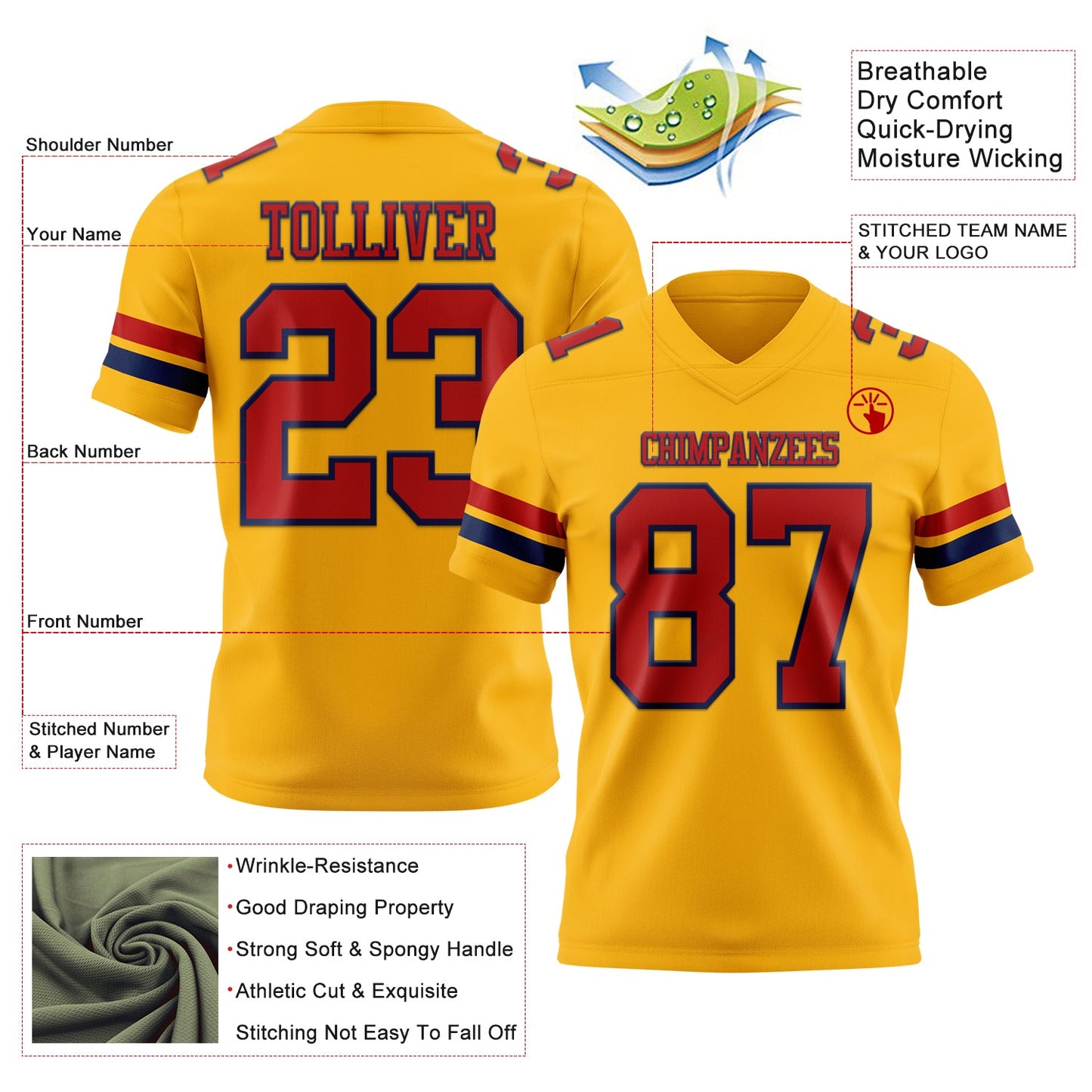 Custom Gold Red-Navy Authentic Football Jersey view 3