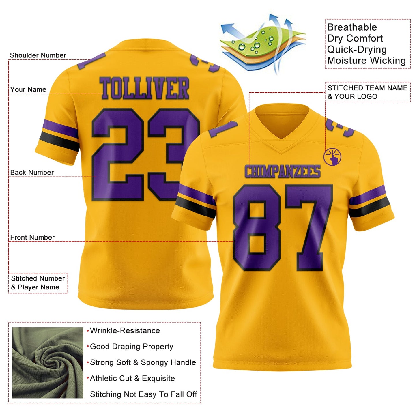 Custom Gold Purple-Black Authentic Football Jersey view 3