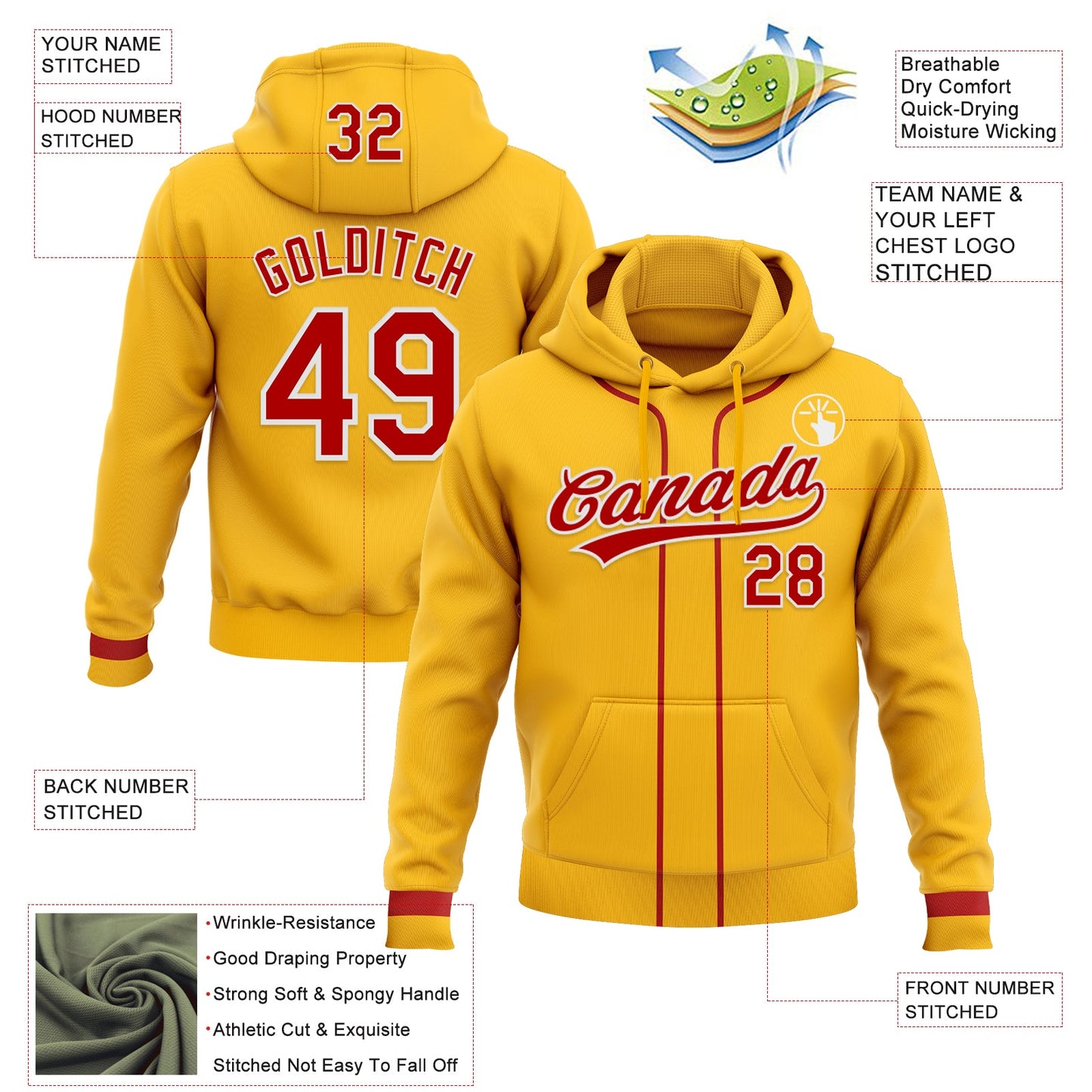 Custom Stitched Gold Red-White Baseball Pullover Sweatshirt Hoodie view 2