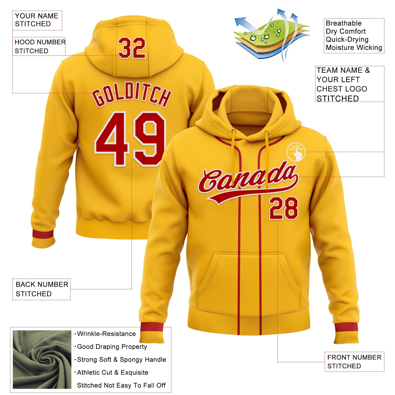 Custom Stitched Gold Red-White Baseball Pullover Sweatshirt Hoodie view 2