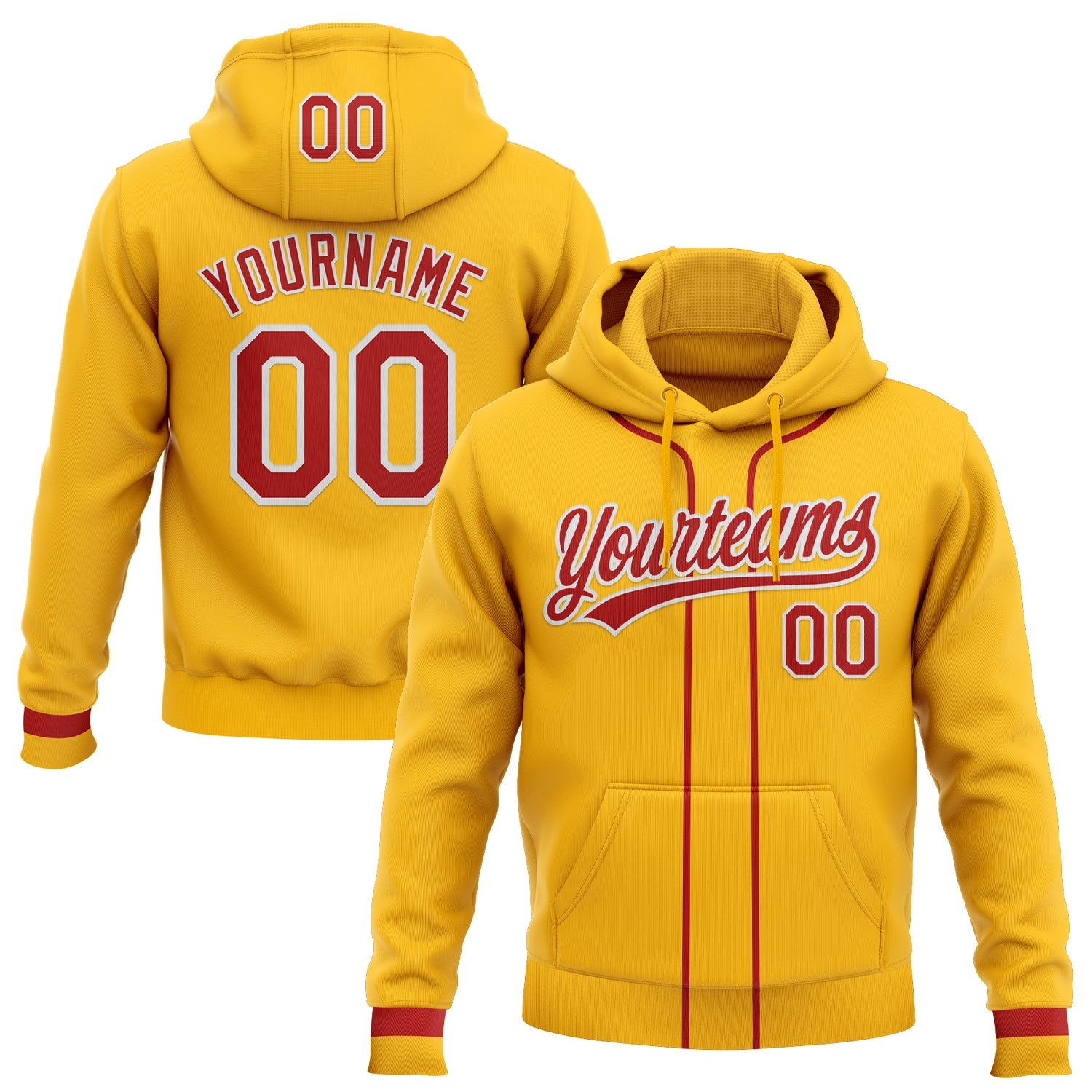 Custom Stitched Gold Red-White Baseball Pullover Sweatshirt Hoodie - Main View