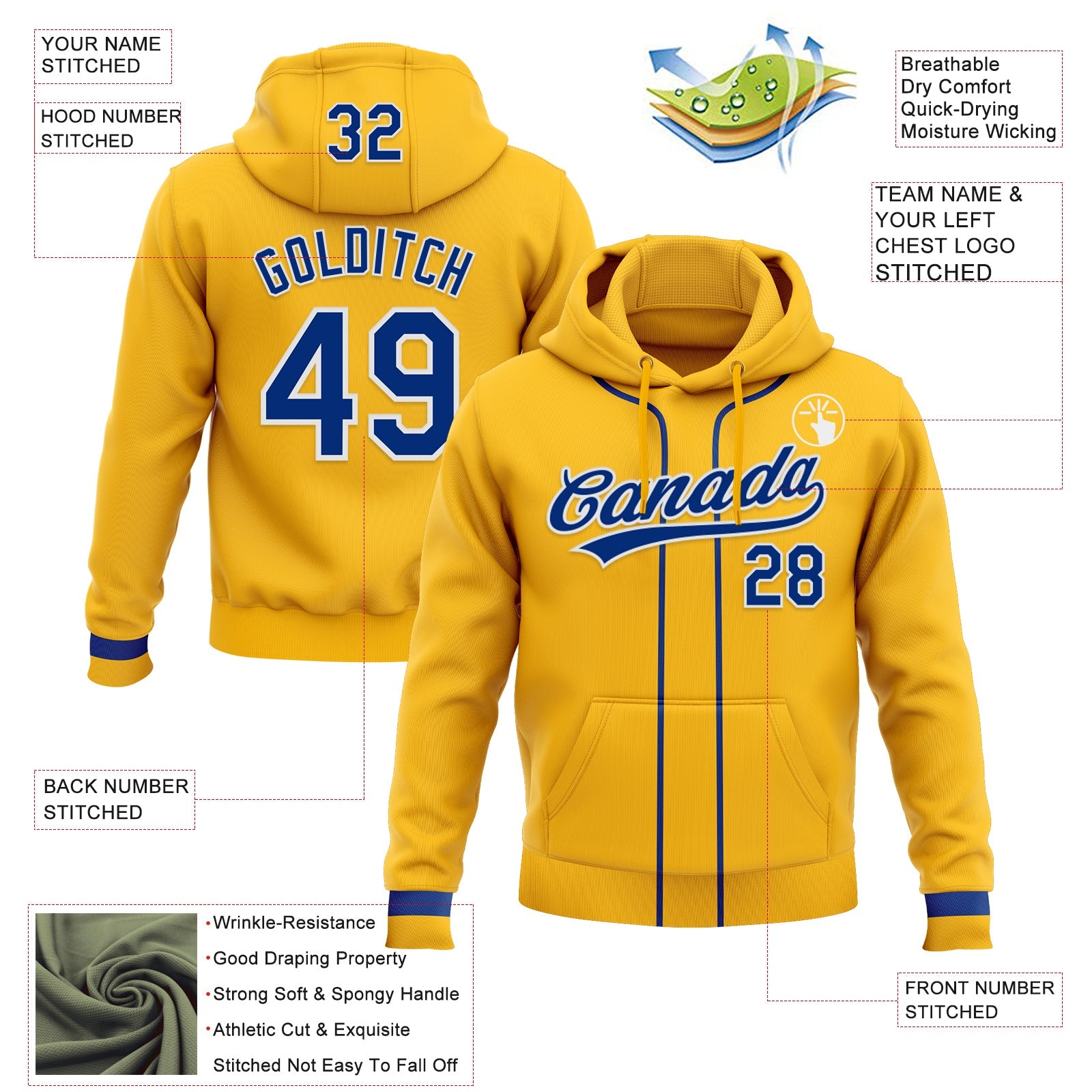 Custom Stitched Gold Royal-White Baseball Pullover Sweatshirt Hoodie view 2