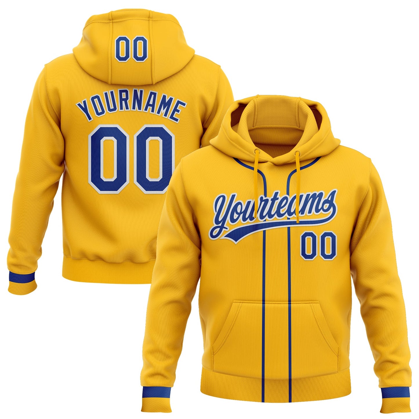 Custom Stitched Gold Royal-White Baseball Pullover Sweatshirt Hoodie - Main View