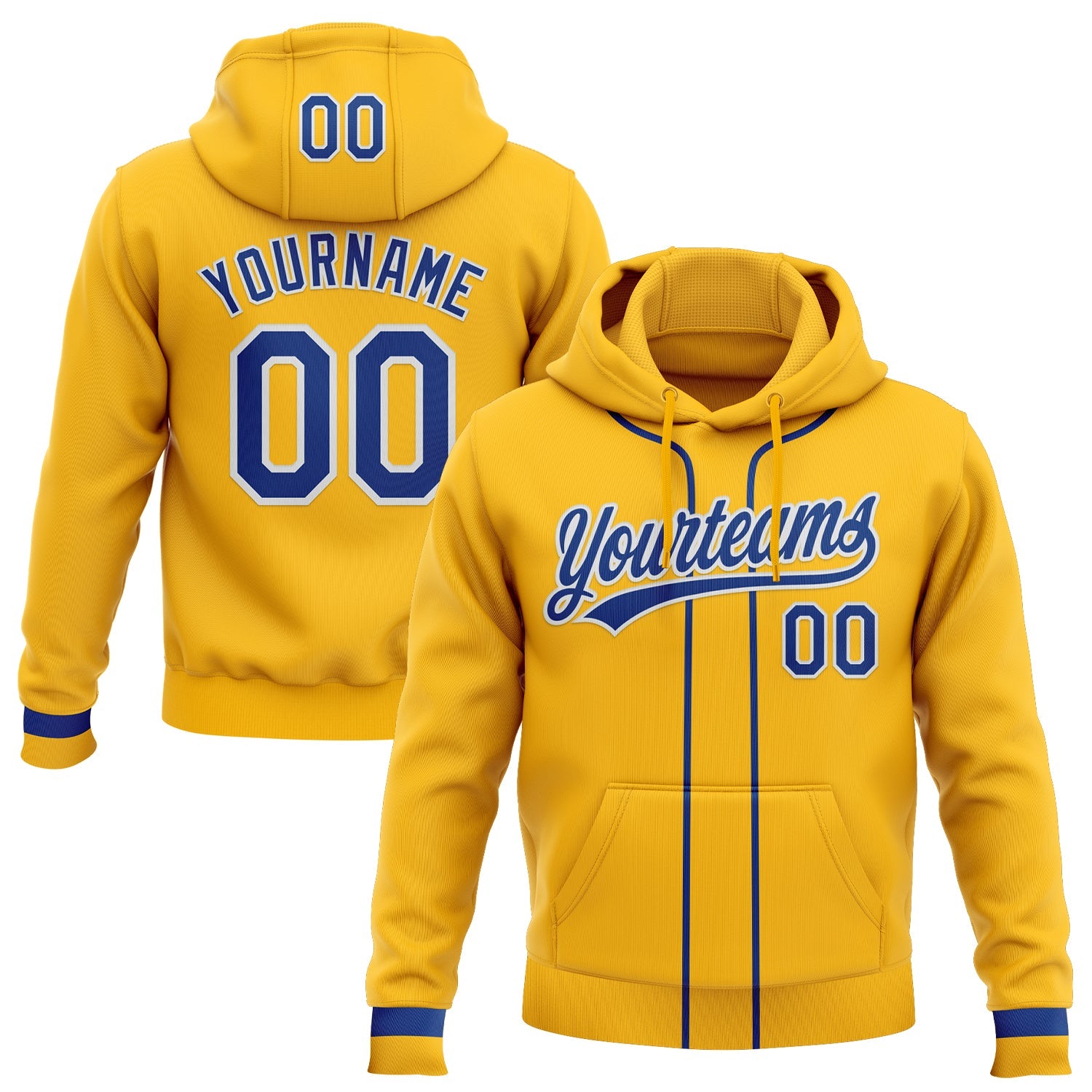 Custom Stitched Gold Royal-White Baseball Pullover Sweatshirt Hoodie - Main View