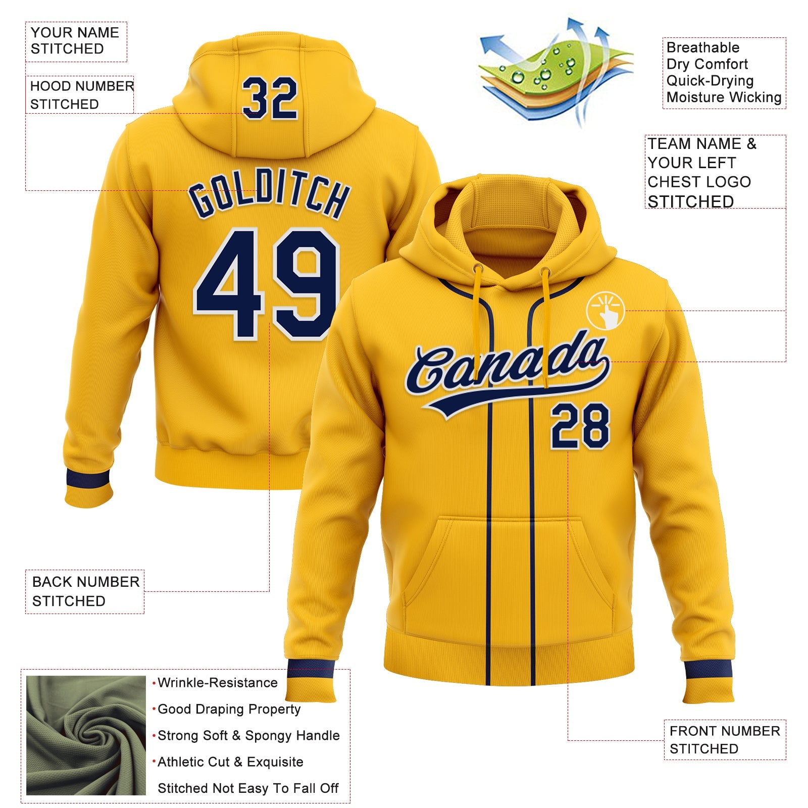Custom Stitched Gold Navy-White Baseball Pullover Sweatshirt Hoodie view 2
