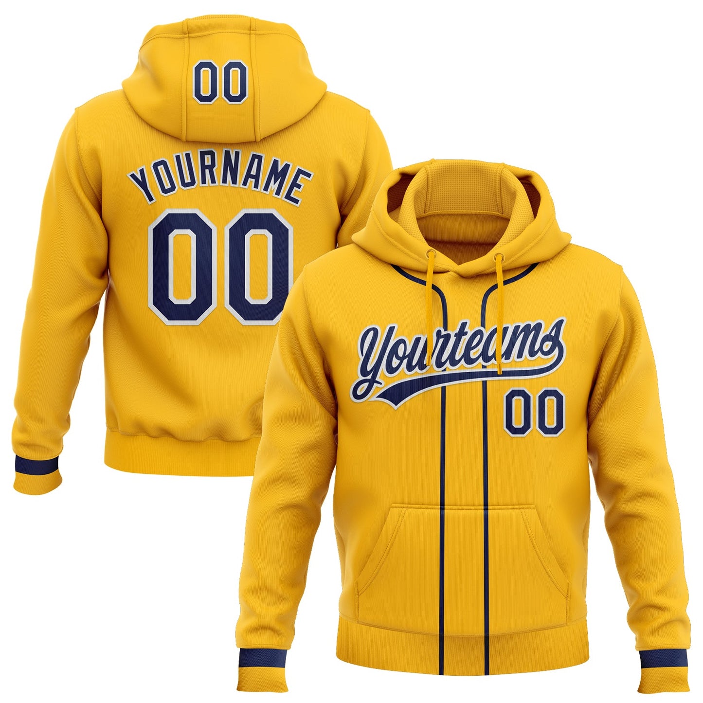 Custom Stitched Gold Navy-White Baseball Pullover Sweatshirt Hoodie - Main View