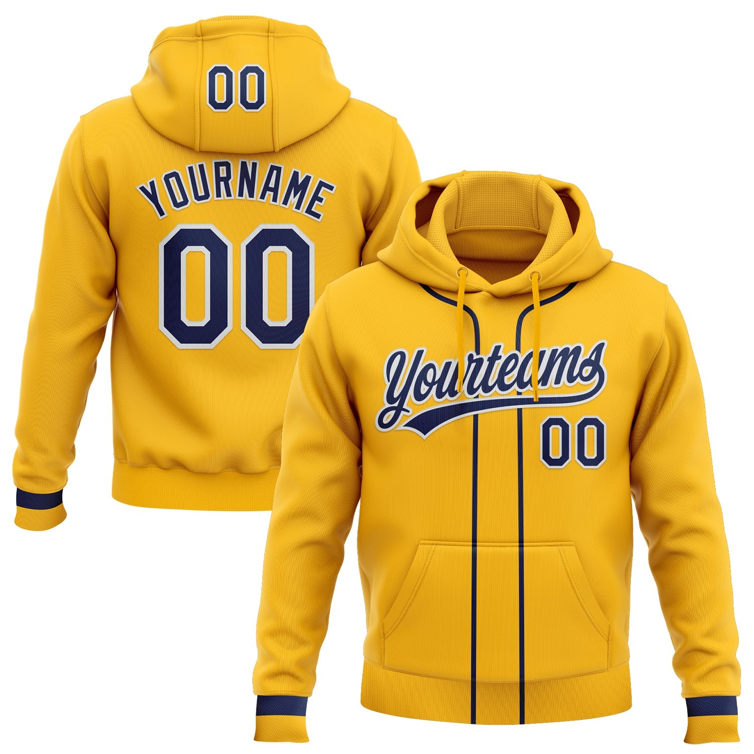 Custom Stitched Gold Navy-White Baseball Pullover Sweatshirt Hoodie - Main View
