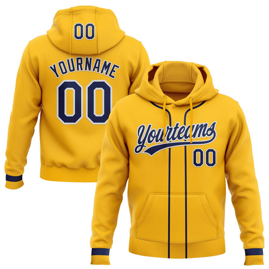 Custom Stitched Gold Navy-White Baseball Pullover Sweatshirt Hoodie - Main View