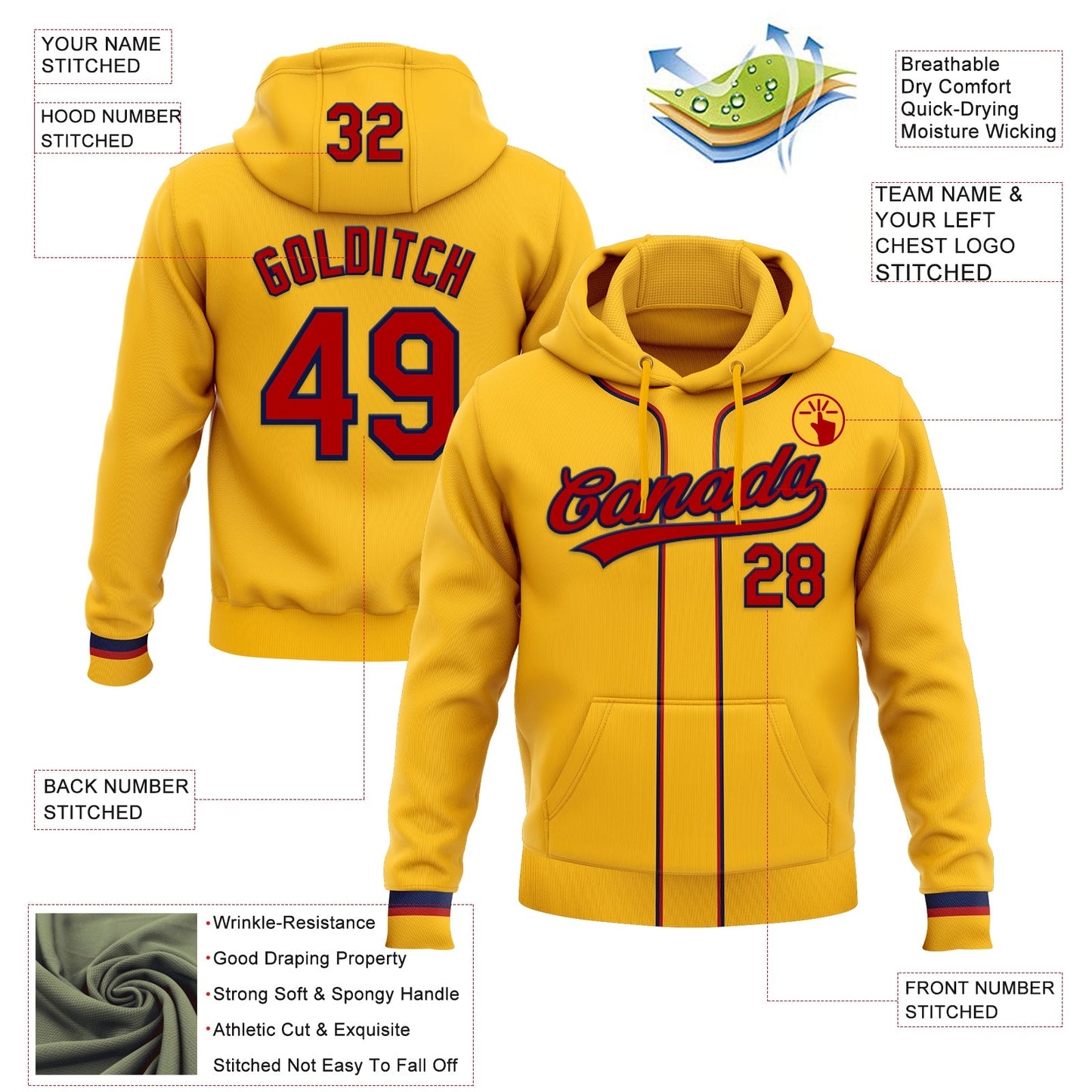 Custom Stitched Gold Red-Navy Baseball Pullover Sweatshirt Hoodie view 2