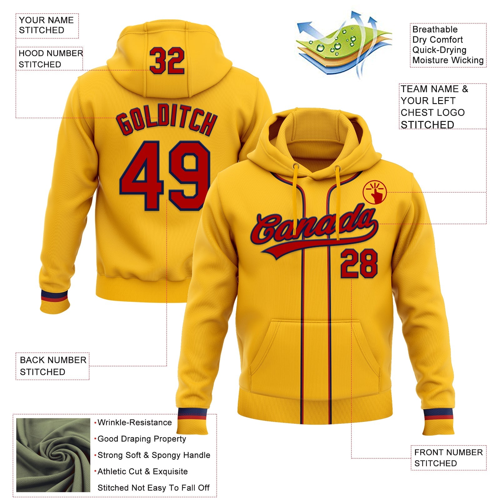 Custom Stitched Gold Red-Navy Baseball Pullover Sweatshirt Hoodie view 2
