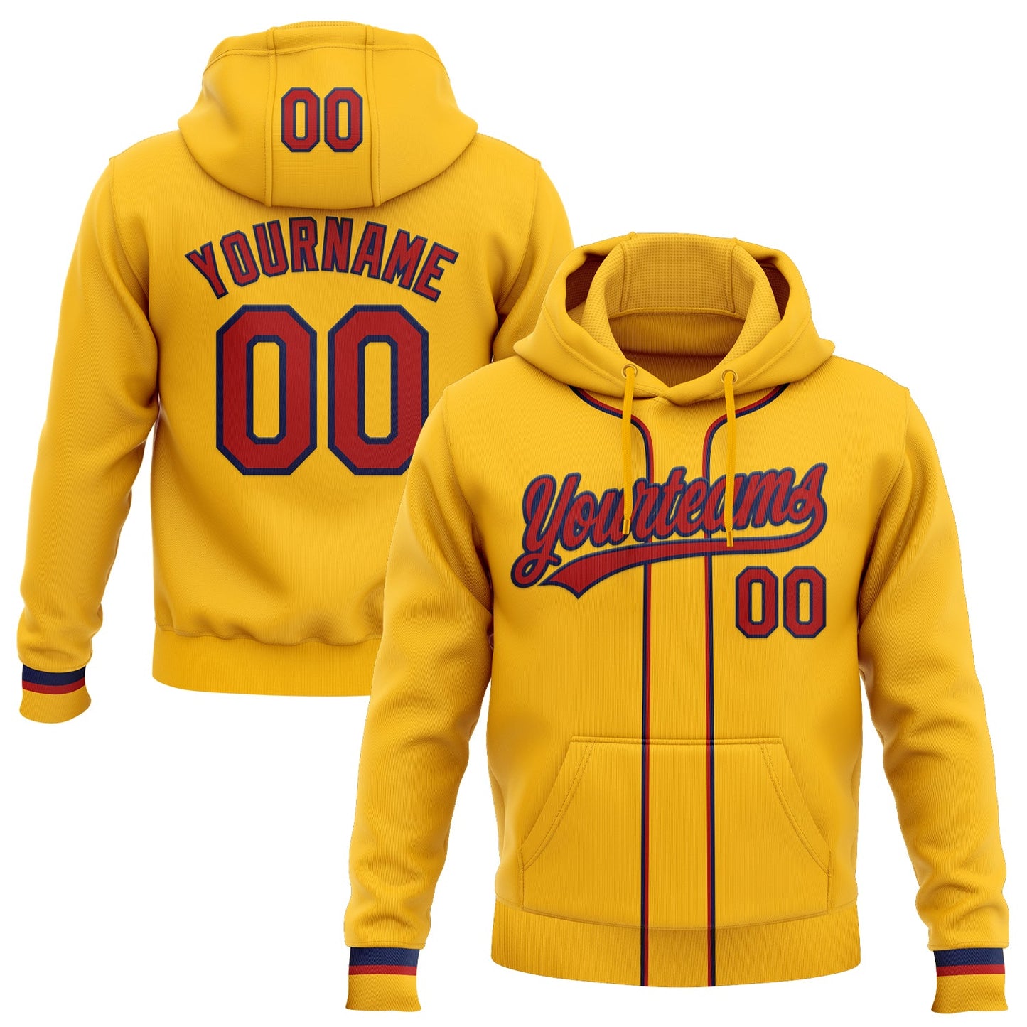 Custom Stitched Gold Red-Navy Baseball Pullover Sweatshirt Hoodie - Main View