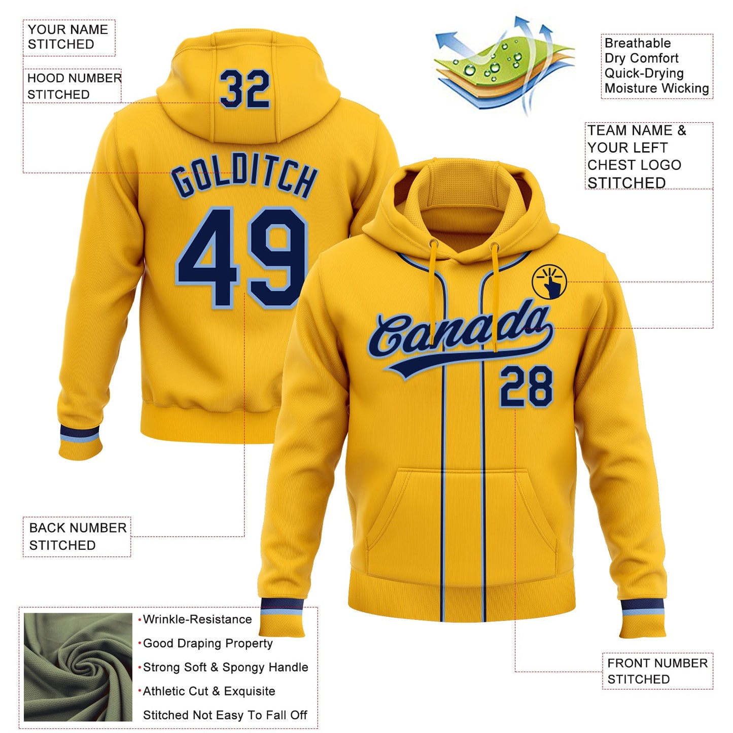 Custom Stitched Gold Navy-Light Blue Baseball Pullover Sweatshirt Hoodie view 2