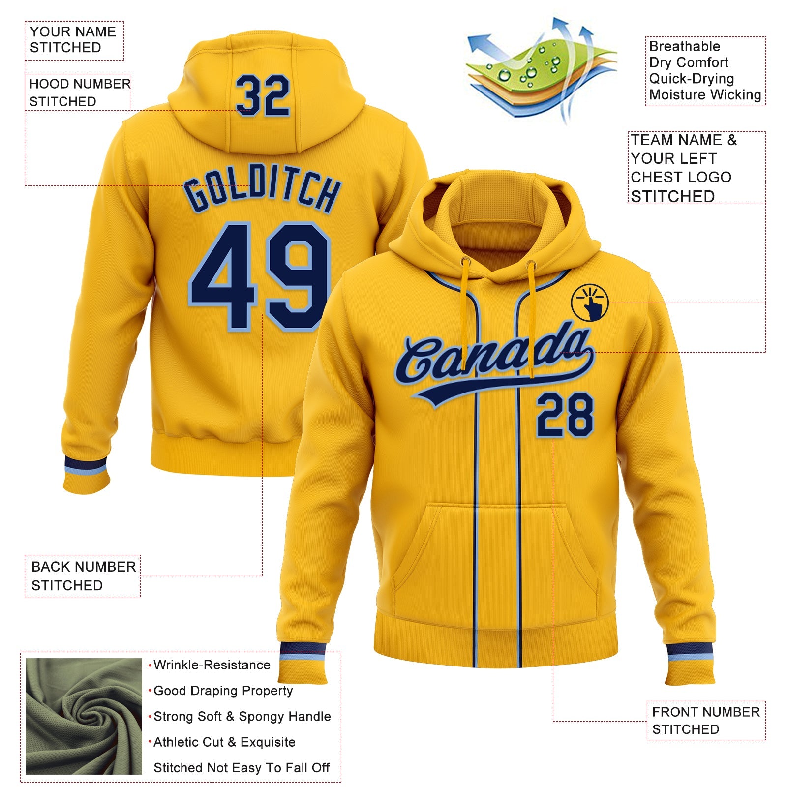 Custom Stitched Gold Navy-Light Blue Baseball Pullover Sweatshirt Hoodie view 2