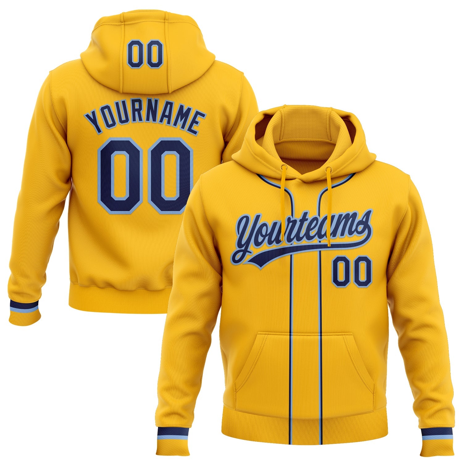 Custom Stitched Gold Navy-Light Blue Baseball Pullover Sweatshirt Hoodie - Main View