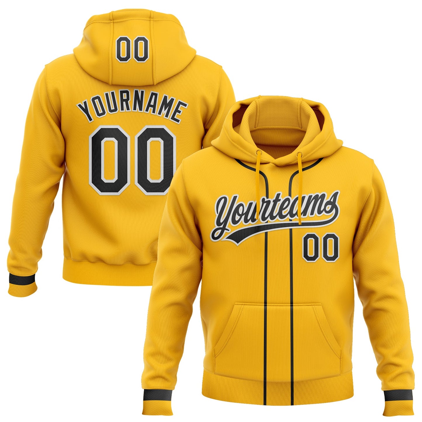 Custom Stitched Gold Black-White Baseball Pullover Sweatshirt Hoodie - Main View
