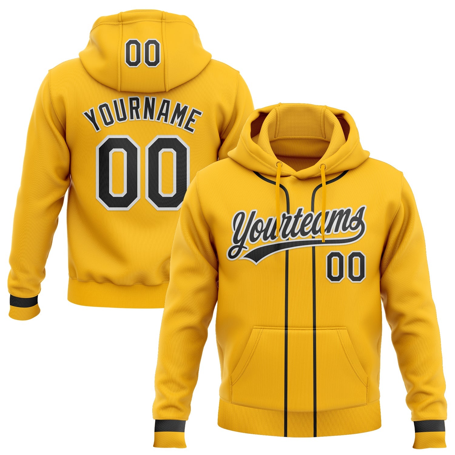 Custom Stitched Gold Black-White Baseball Pullover Sweatshirt Hoodie - Main View