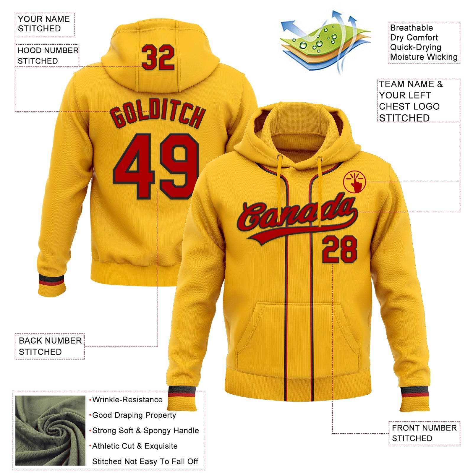 Custom Stitched Gold Red-Black Baseball Pullover Sweatshirt Hoodie view 2