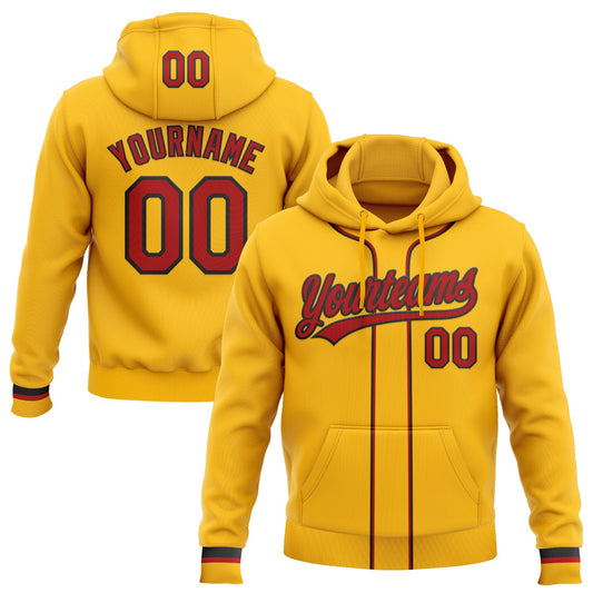 Custom Stitched Gold Red-Black Baseball Pullover Sweatshirt Hoodie - Main View