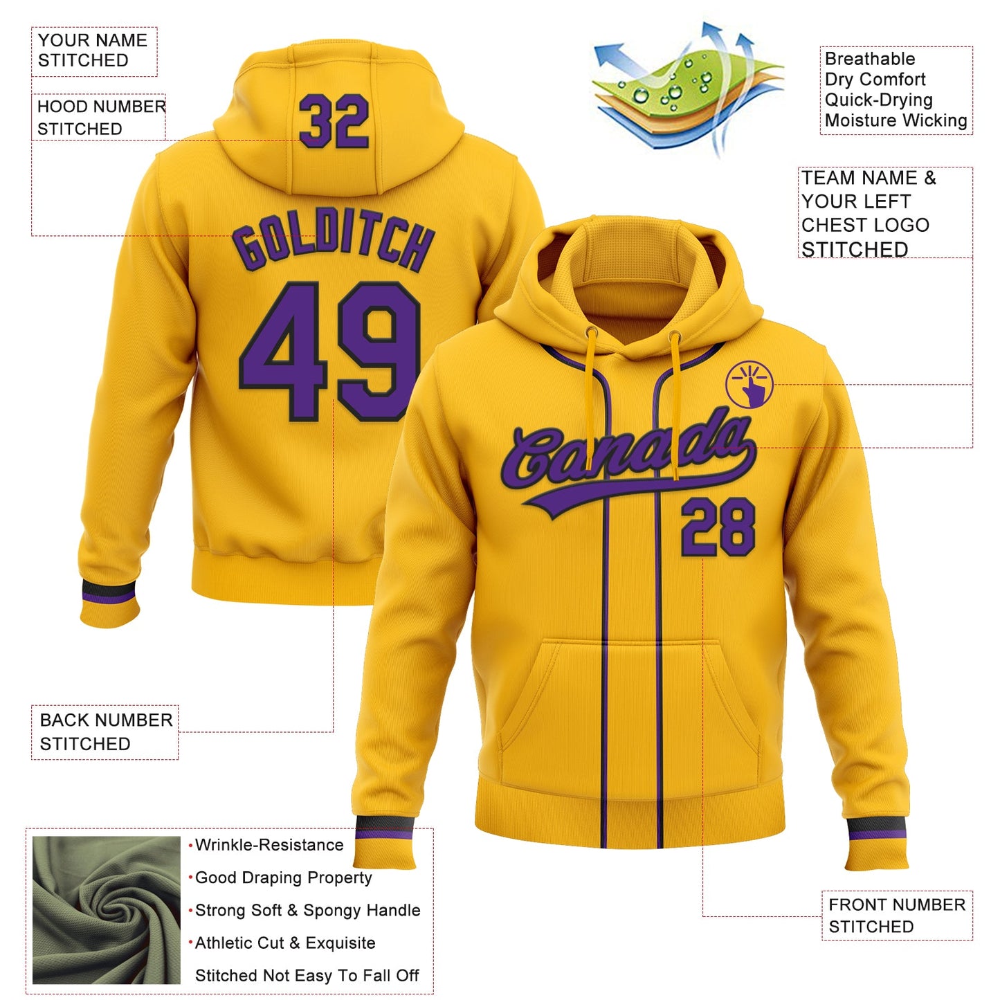 Custom Stitched Gold Purple-Black Baseball Pullover Sweatshirt Hoodie view 2