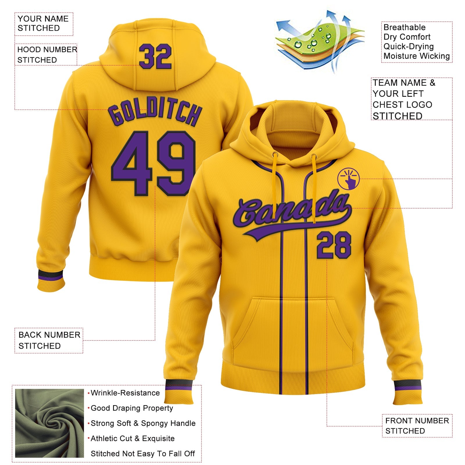 Custom Stitched Gold Purple-Black Baseball Pullover Sweatshirt Hoodie view 2