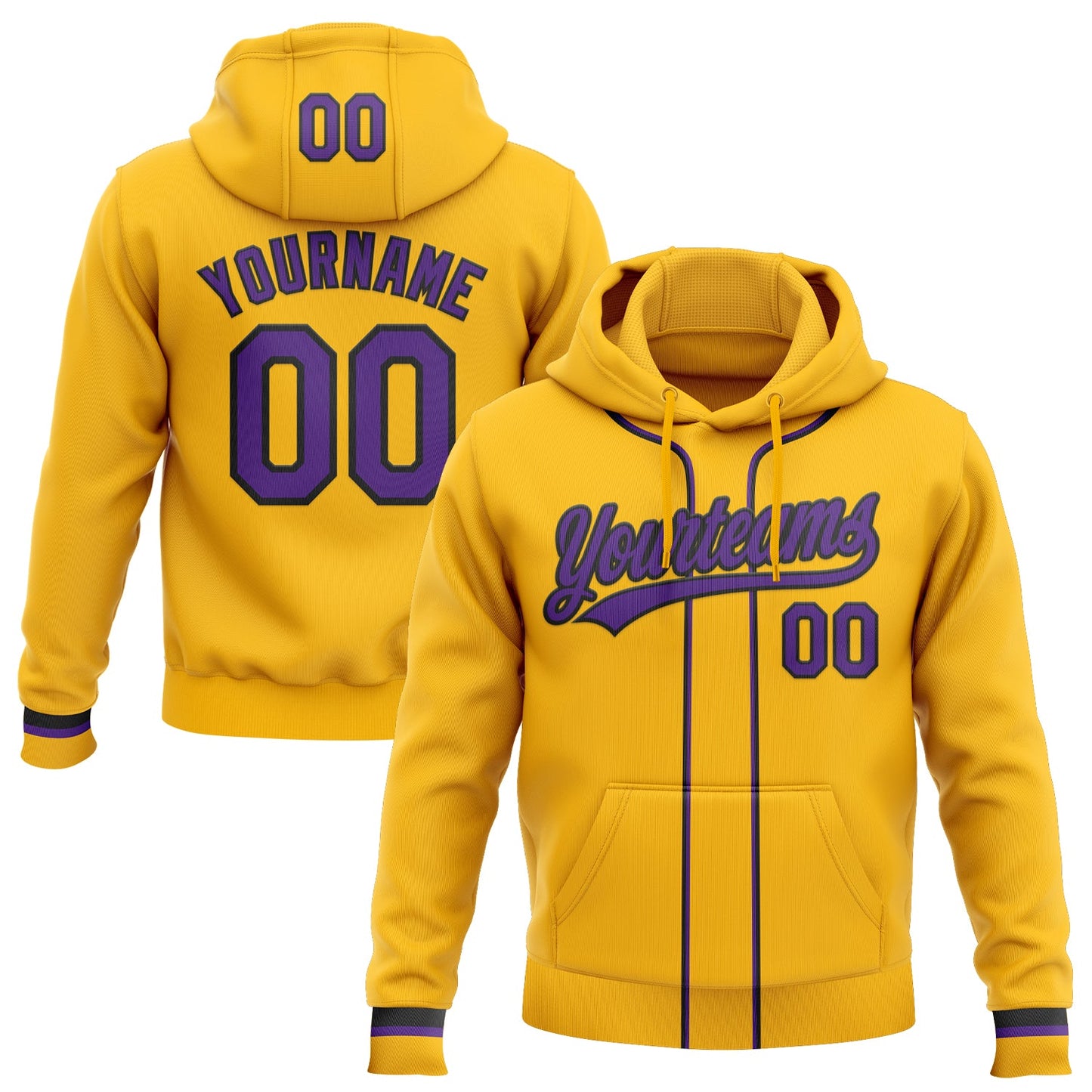 Custom Stitched Gold Purple-Black Baseball Pullover Sweatshirt Hoodie - Main View
