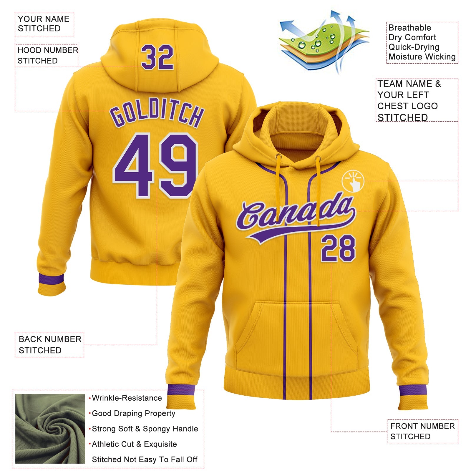 Custom Stitched Gold Purple-White Baseball Pullover Sweatshirt Hoodie view 2