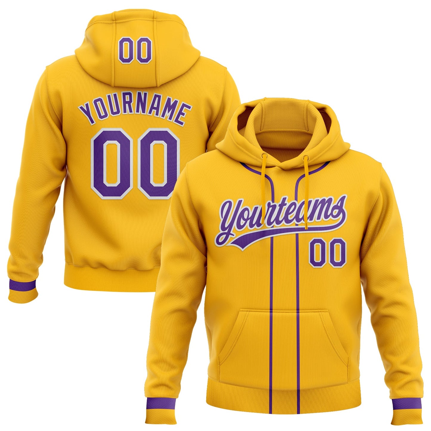 Custom Stitched Gold Purple-White Baseball Pullover Sweatshirt Hoodie - Main View