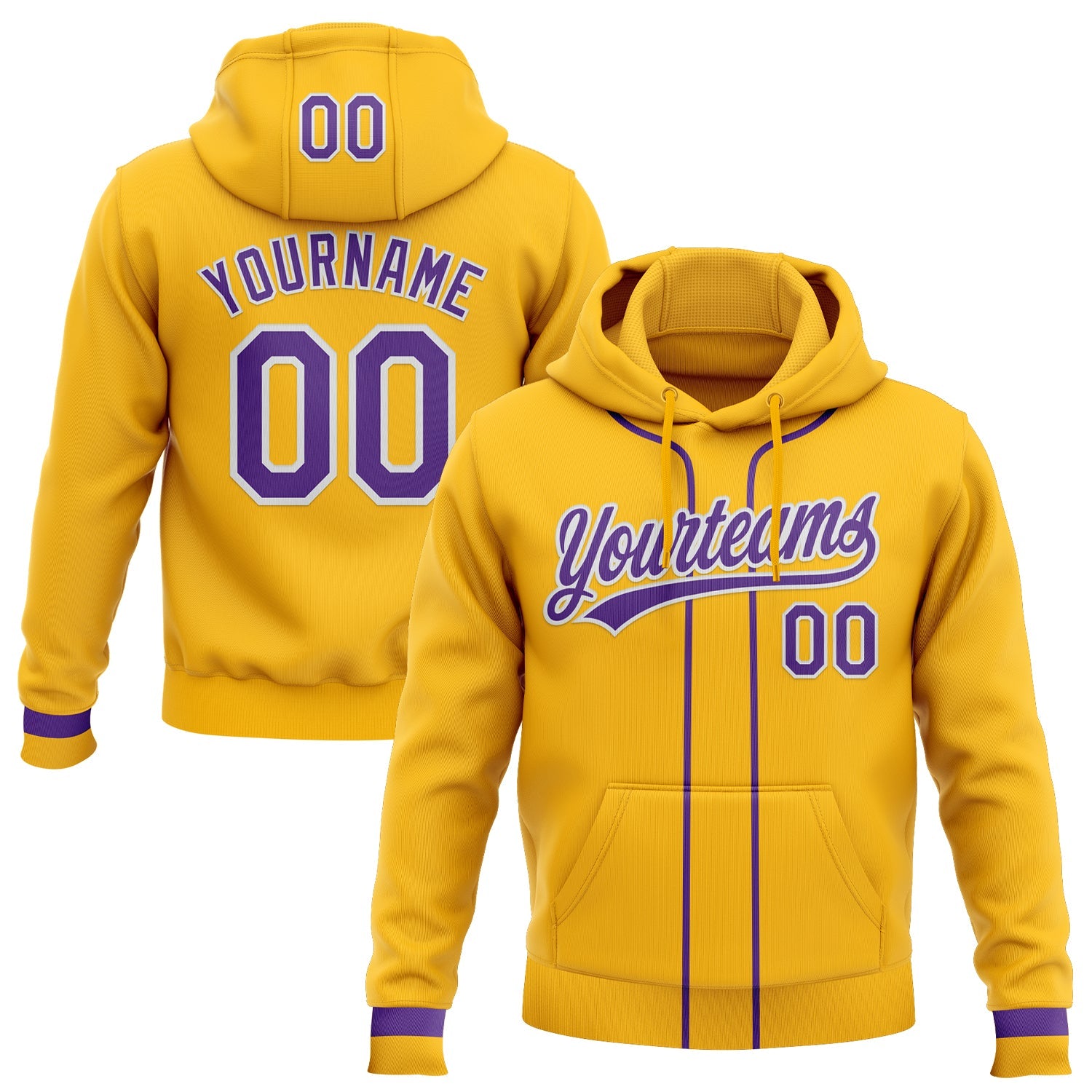 Custom Stitched Gold Purple-White Baseball Pullover Sweatshirt Hoodie - Main View