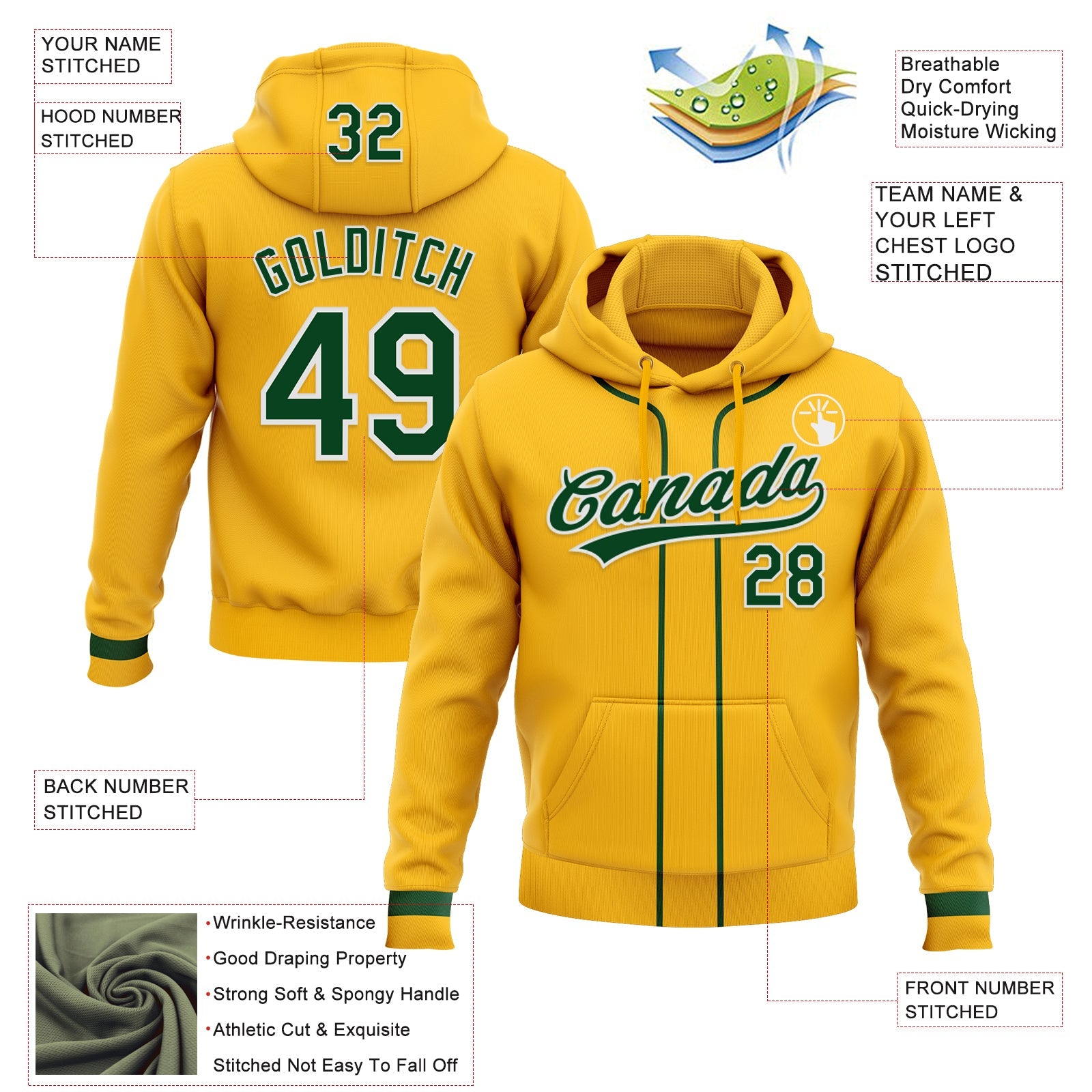 Custom Stitched Gold Green-White Baseball Pullover Sweatshirt Hoodie view 2