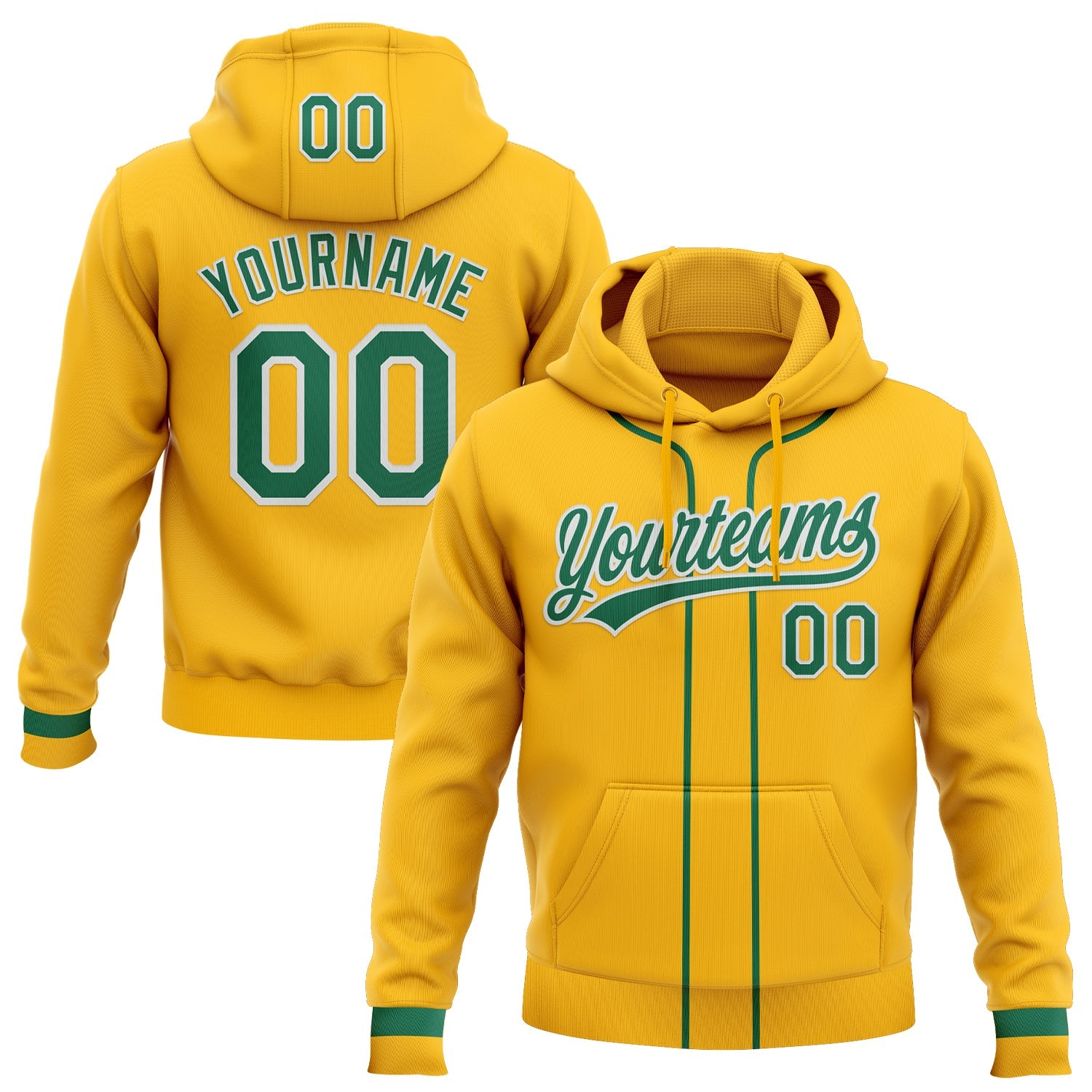 Custom Stitched Gold Kelly Green-White Baseball Pullover Sweatshirt Hoodie - Main View