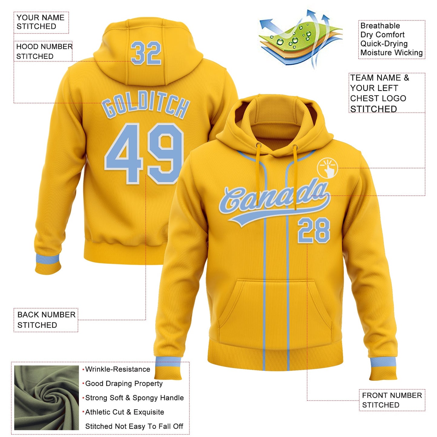 Custom Stitched Gold Light Blue-White Baseball Pullover Sweatshirt Hoodie view 2