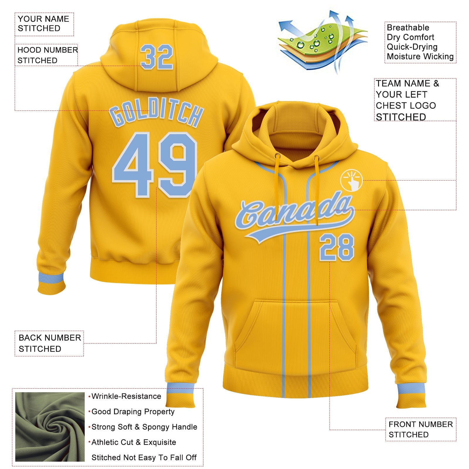 Custom Stitched Gold Light Blue-White Baseball Pullover Sweatshirt Hoodie view 2
