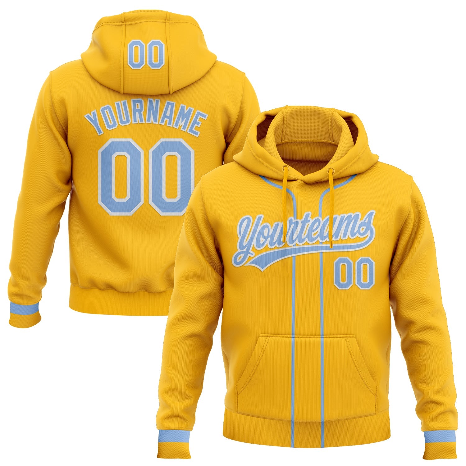Custom Stitched Gold Light Blue-White Baseball Pullover Sweatshirt Hoodie - Main View