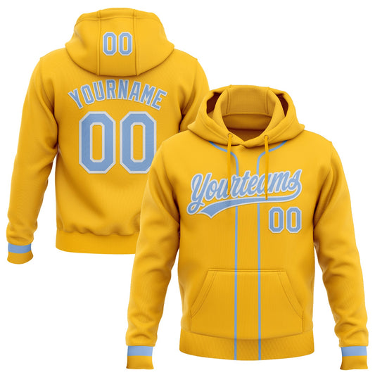 Custom Stitched Gold Light Blue-White Baseball Pullover Sweatshirt Hoodie - Main View