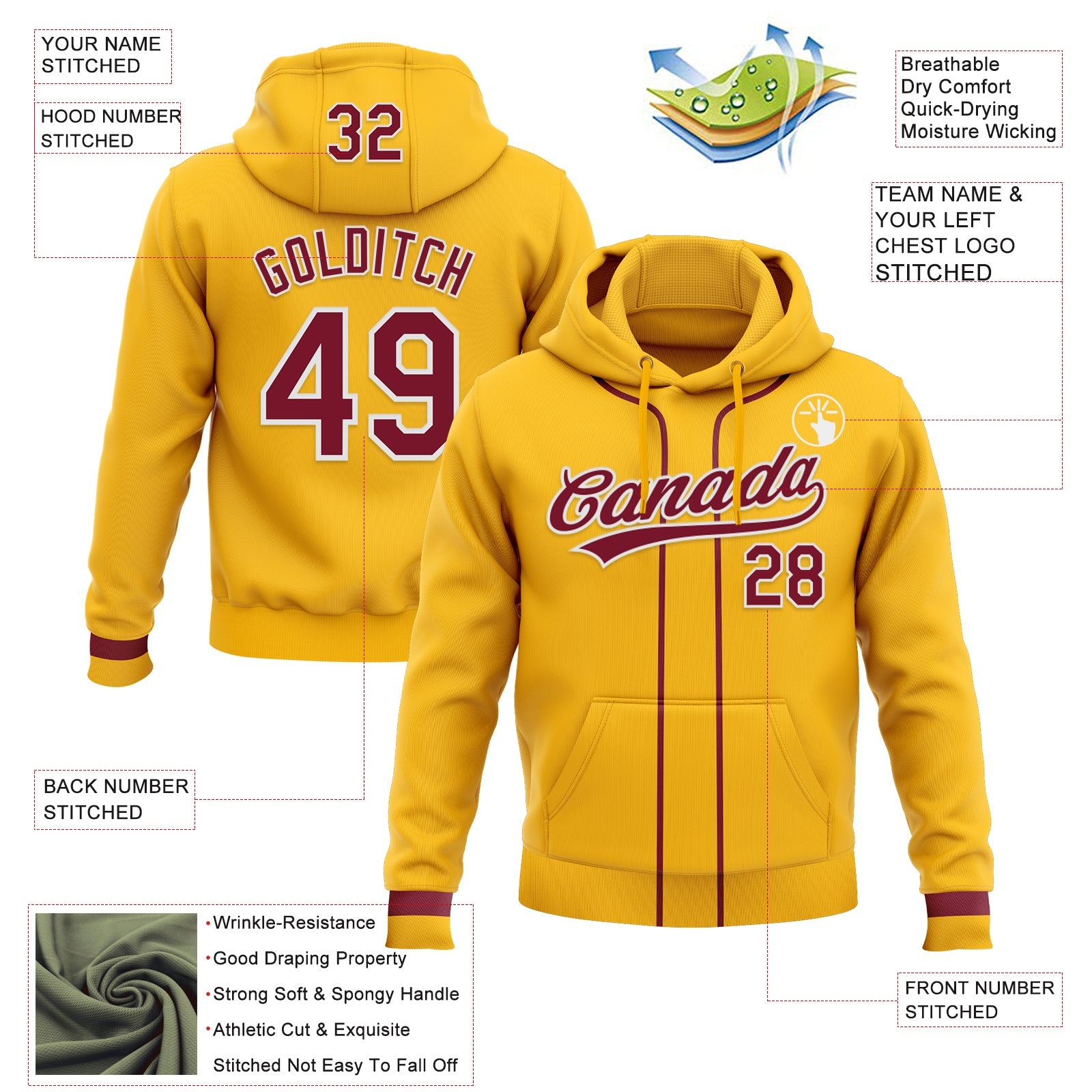 Custom Stitched Gold Crimson-White Baseball Pullover Sweatshirt Hoodie view 2