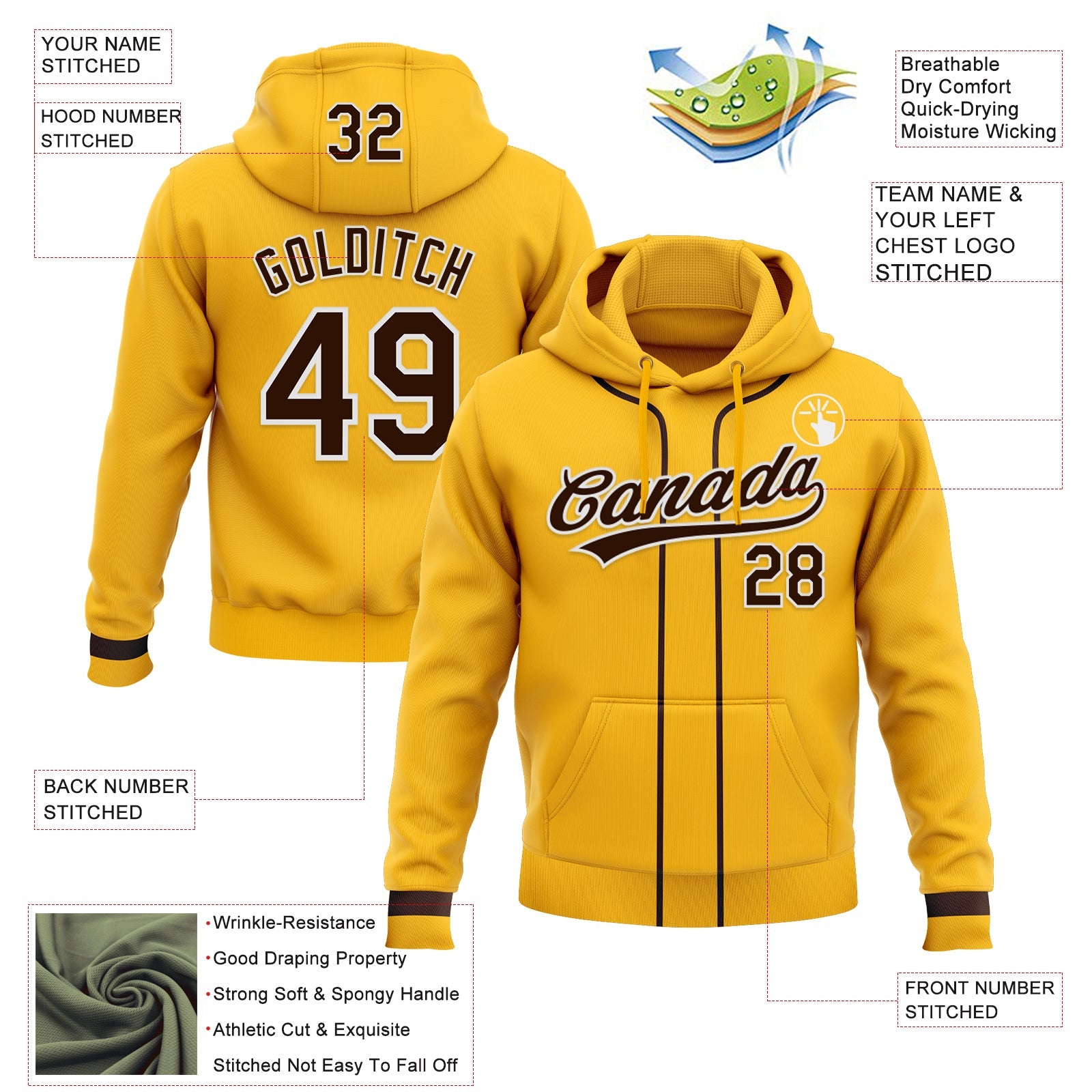 Custom Stitched Gold Brown-White Baseball Pullover Sweatshirt Hoodie view 2