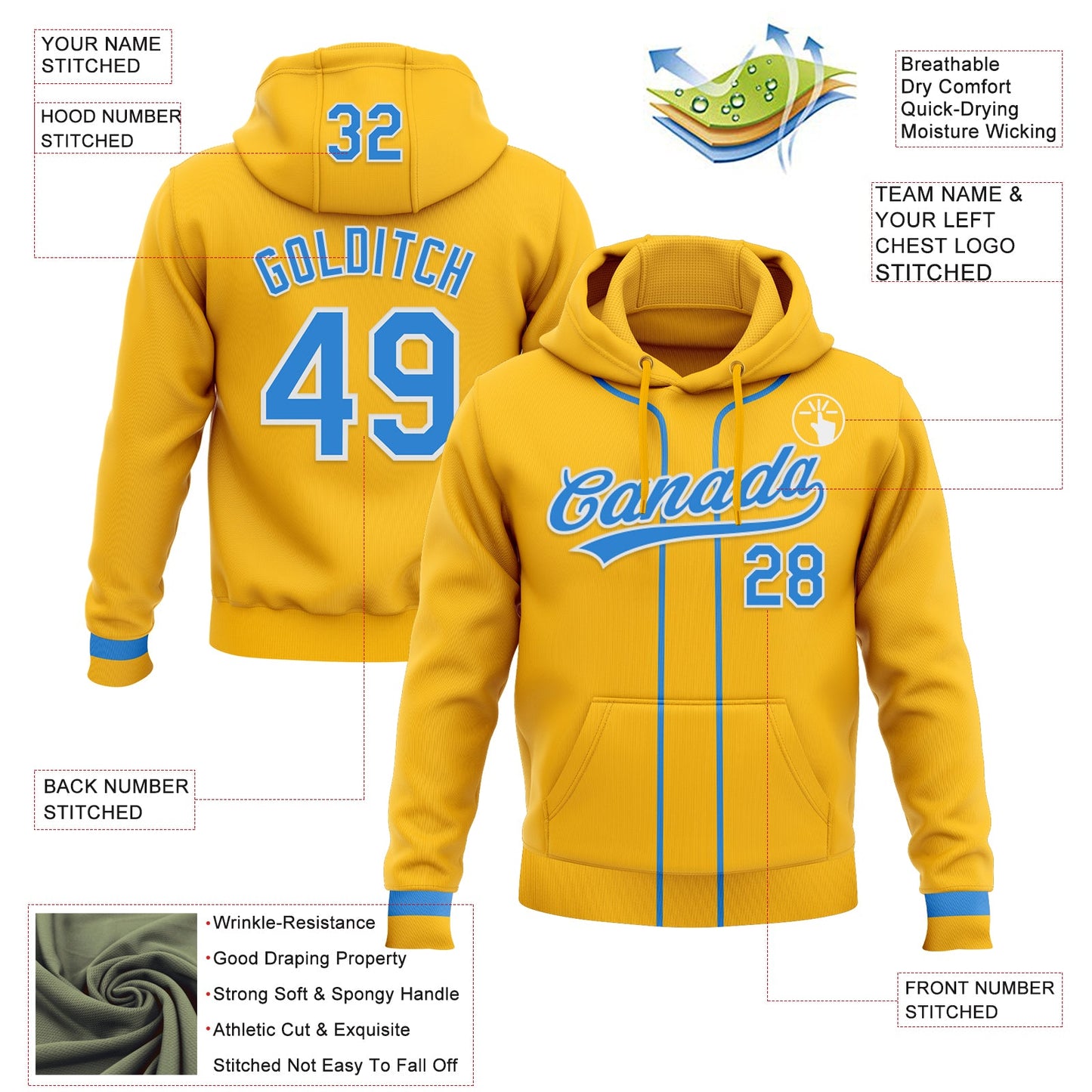 Custom Stitched Gold Powder Blue-White Baseball Pullover Sweatshirt Hoodie view 2