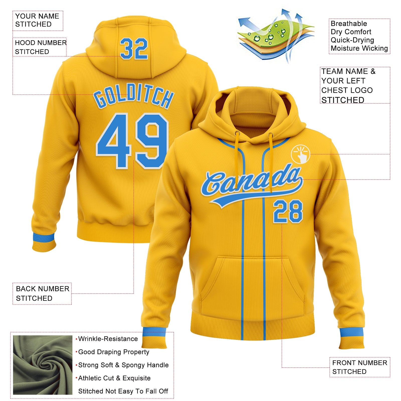 Custom Stitched Gold Powder Blue-White Baseball Pullover Sweatshirt Hoodie view 2