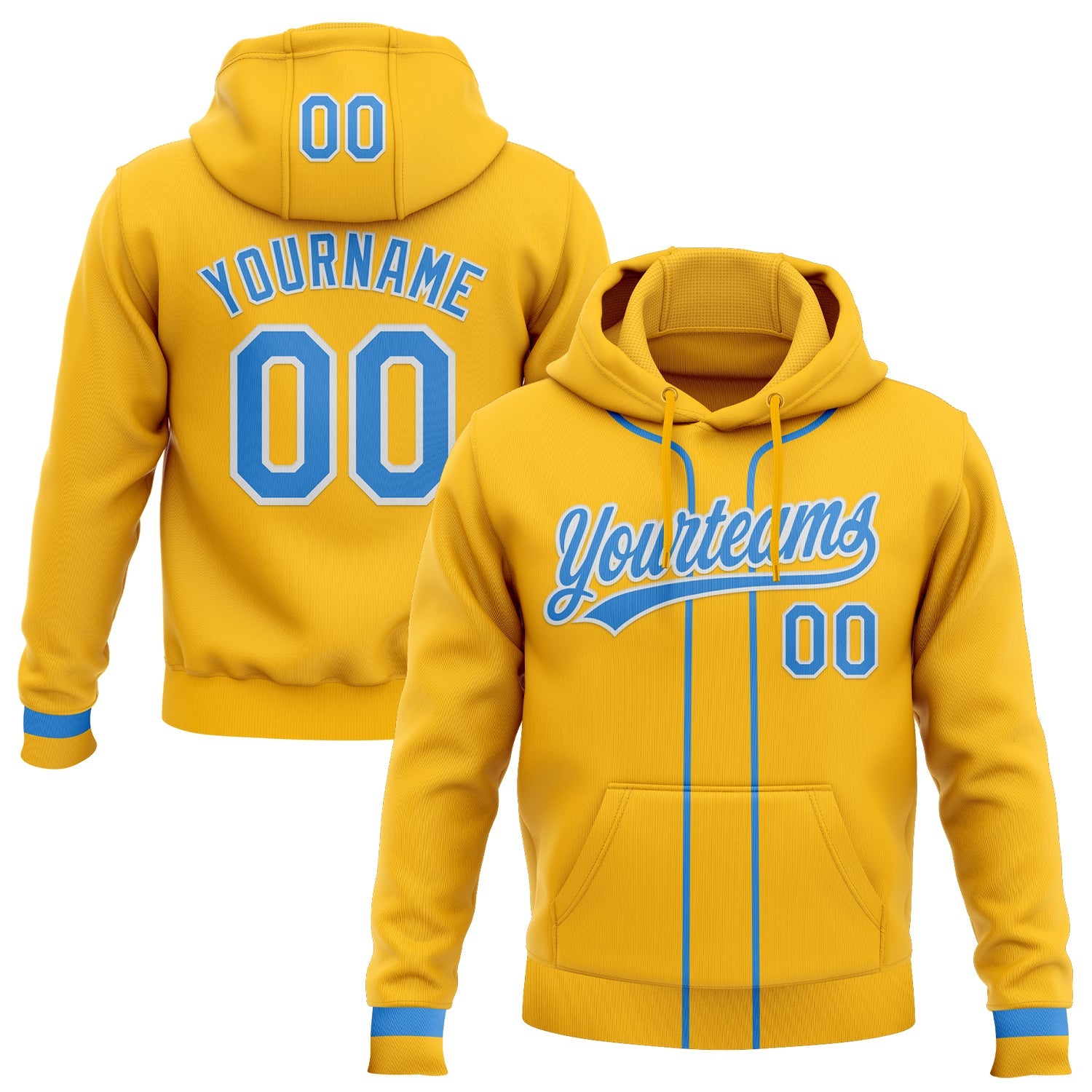 Custom Stitched Gold Powder Blue-White Baseball Pullover Sweatshirt Hoodie - Main View