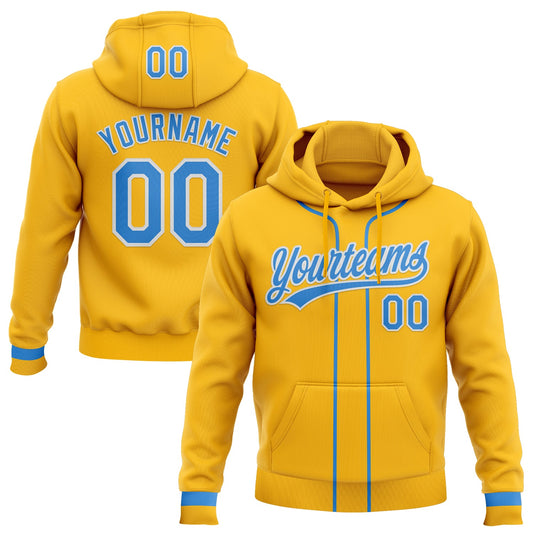 Custom Stitched Gold Powder Blue-White Baseball Pullover Sweatshirt Hoodie - Main View