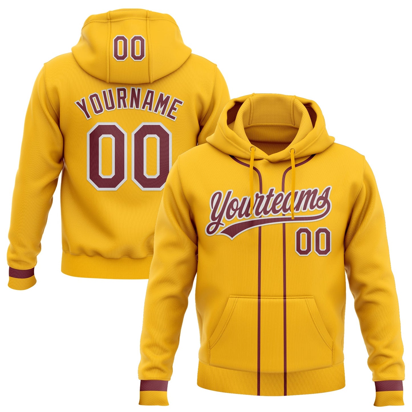 Custom Stitched Gold Burgundy-White Baseball Pullover Sweatshirt Hoodie - Main View