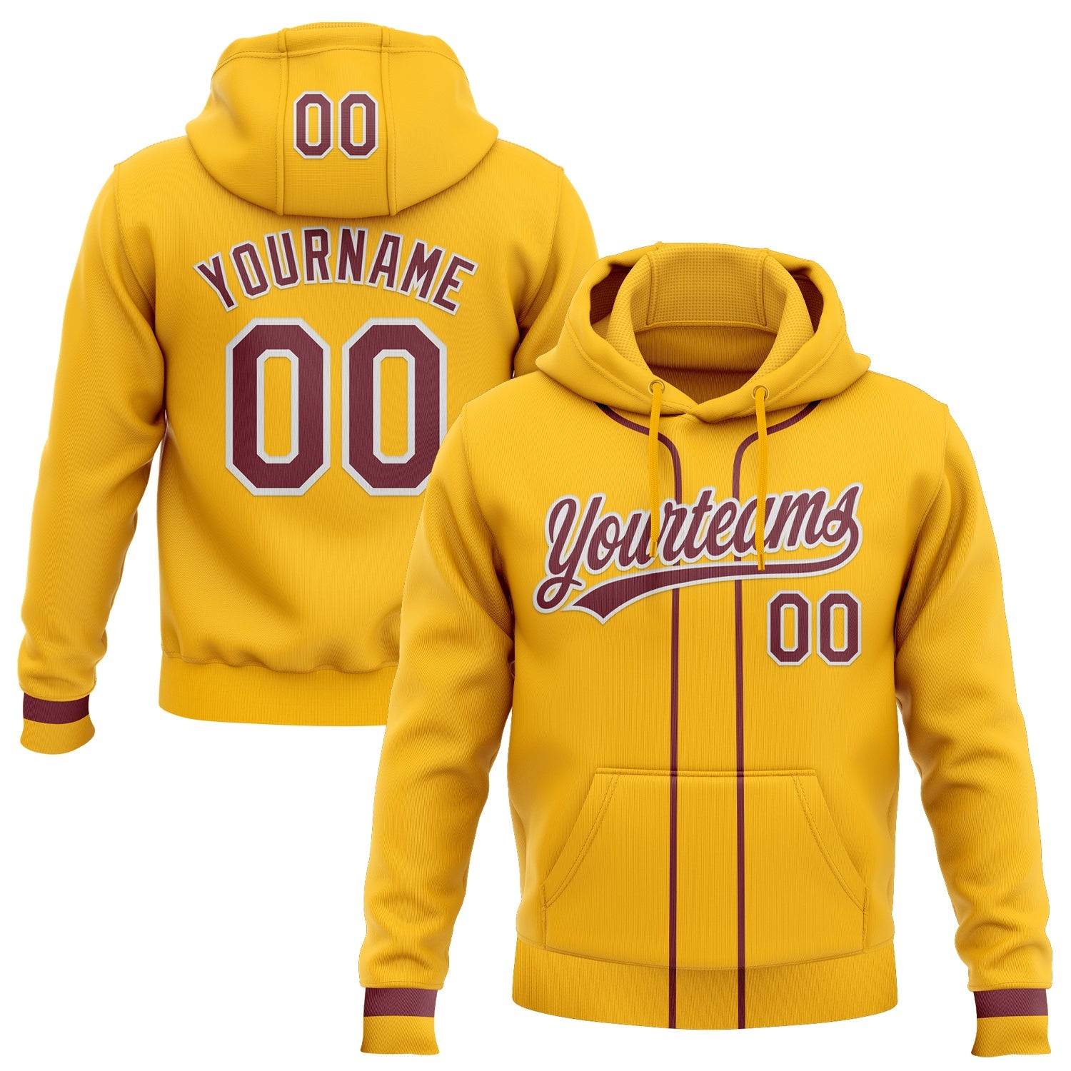 Custom Stitched Gold Burgundy-White Baseball Pullover Sweatshirt Hoodie - Main View