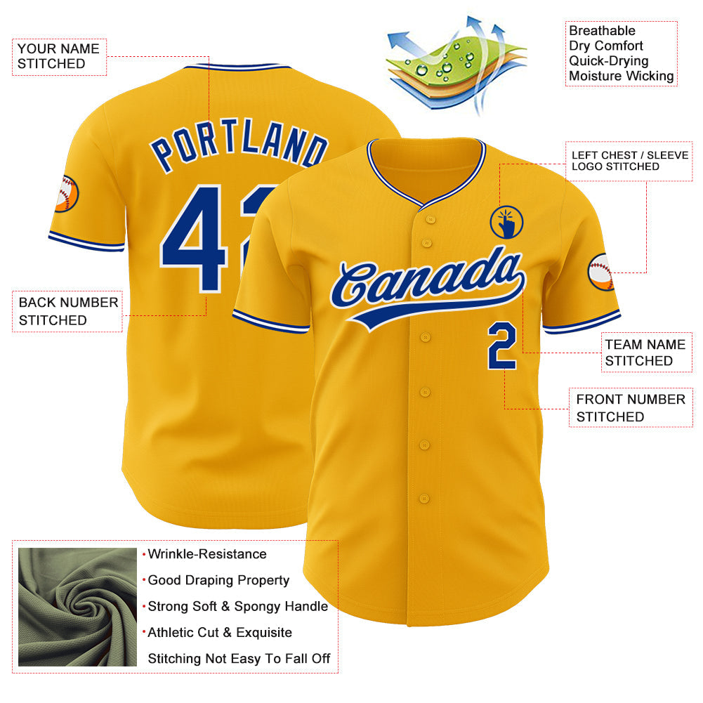 Custom Gold Royal-White Authentic Baseball Jersey view 3