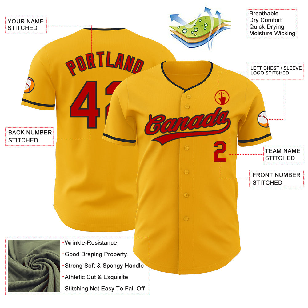 Custom Gold Red-Black Authentic Baseball Jersey view 3