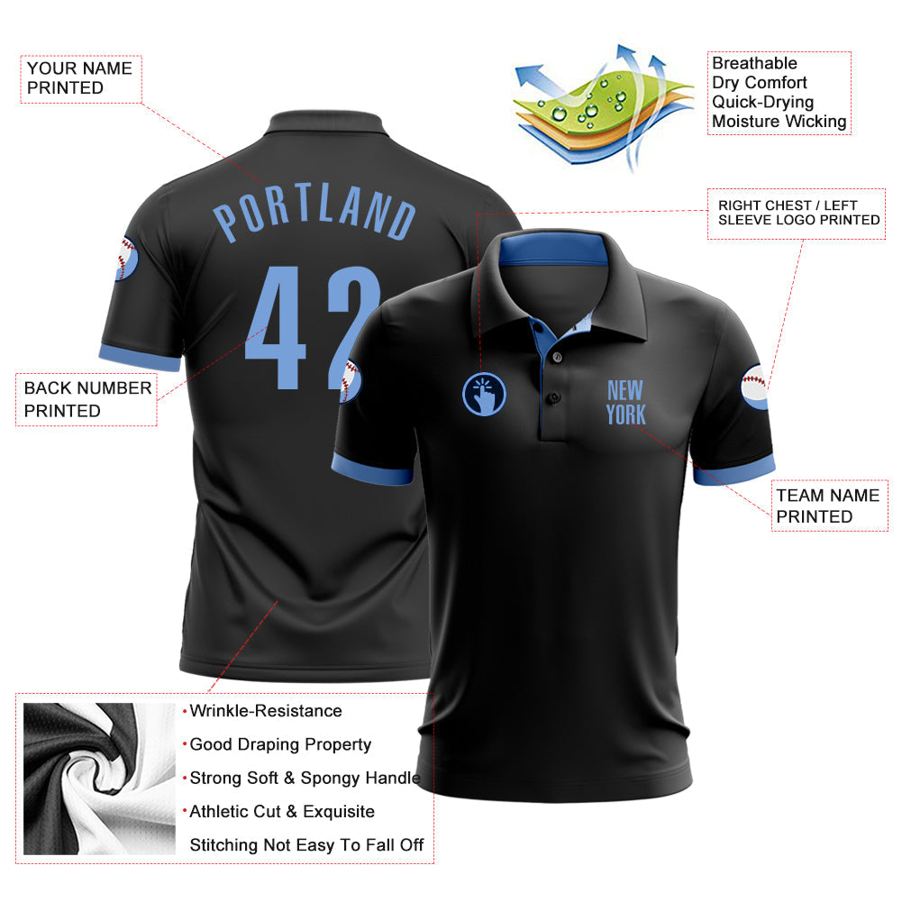 Custom Black Light Blue Performance Golf Polo Shirt view 3