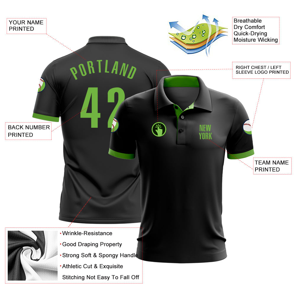 Custom Black Neon Green Performance Golf Polo Shirt view 3